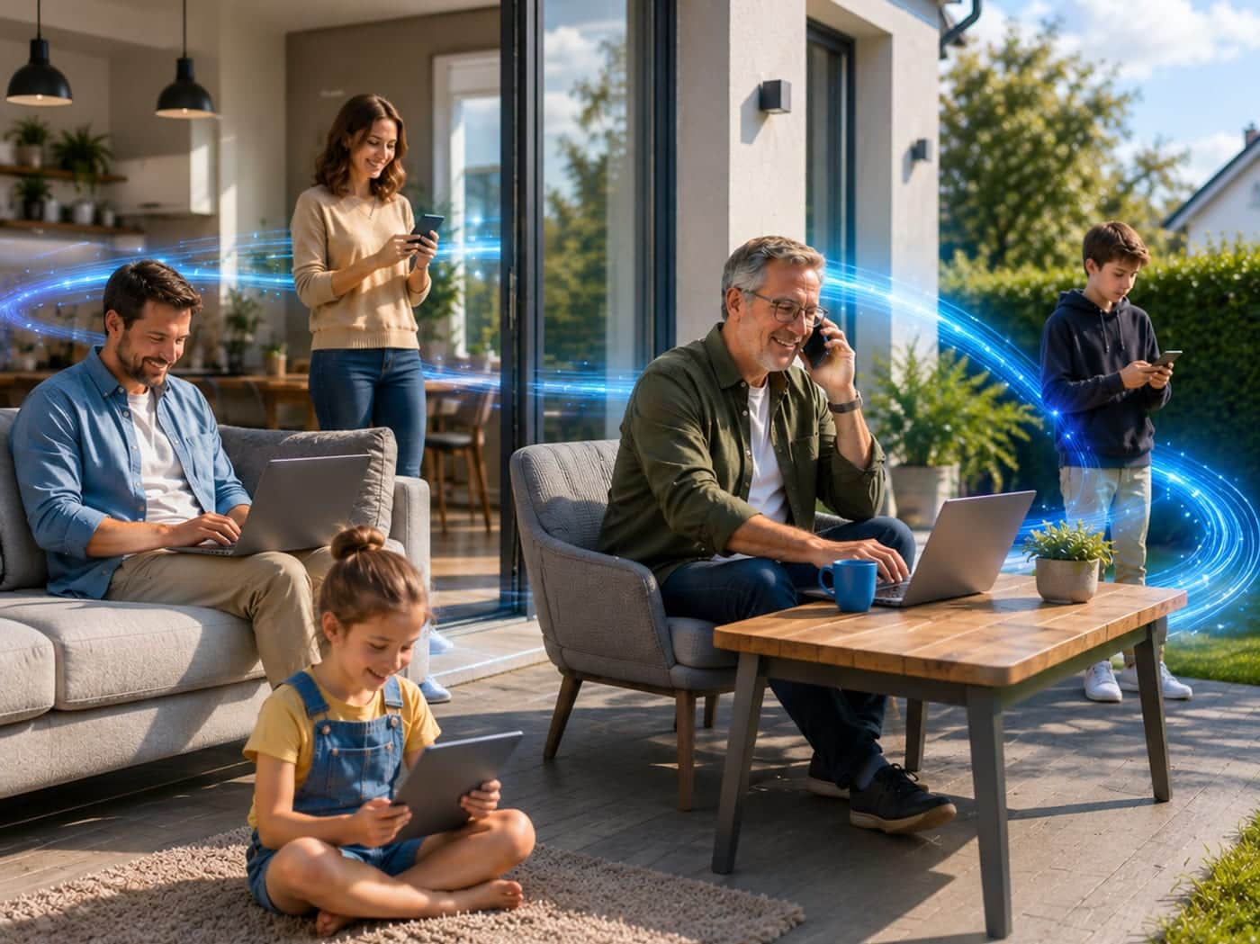 Fünf Personen einer Familie nutzen gleichzeitig Laptop, Tablet und Smartphones auf der Terrasse und im Wohnzimmer, verbunden durch eine leuchtende blaue Glasfaser-Linie