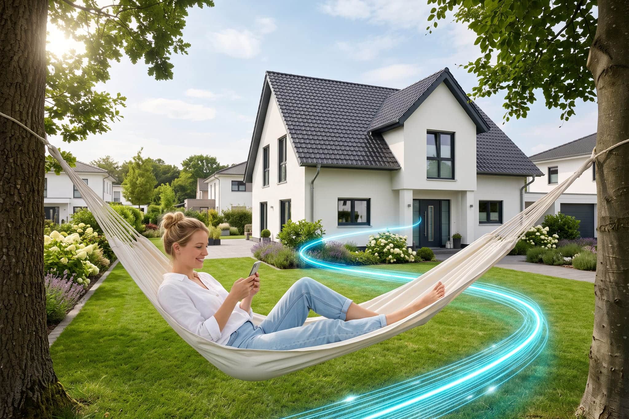 Frau entspannt in der Hängematte im Garten, während die leuchtende Glasfaser-Linie bis in ihr Haus führt