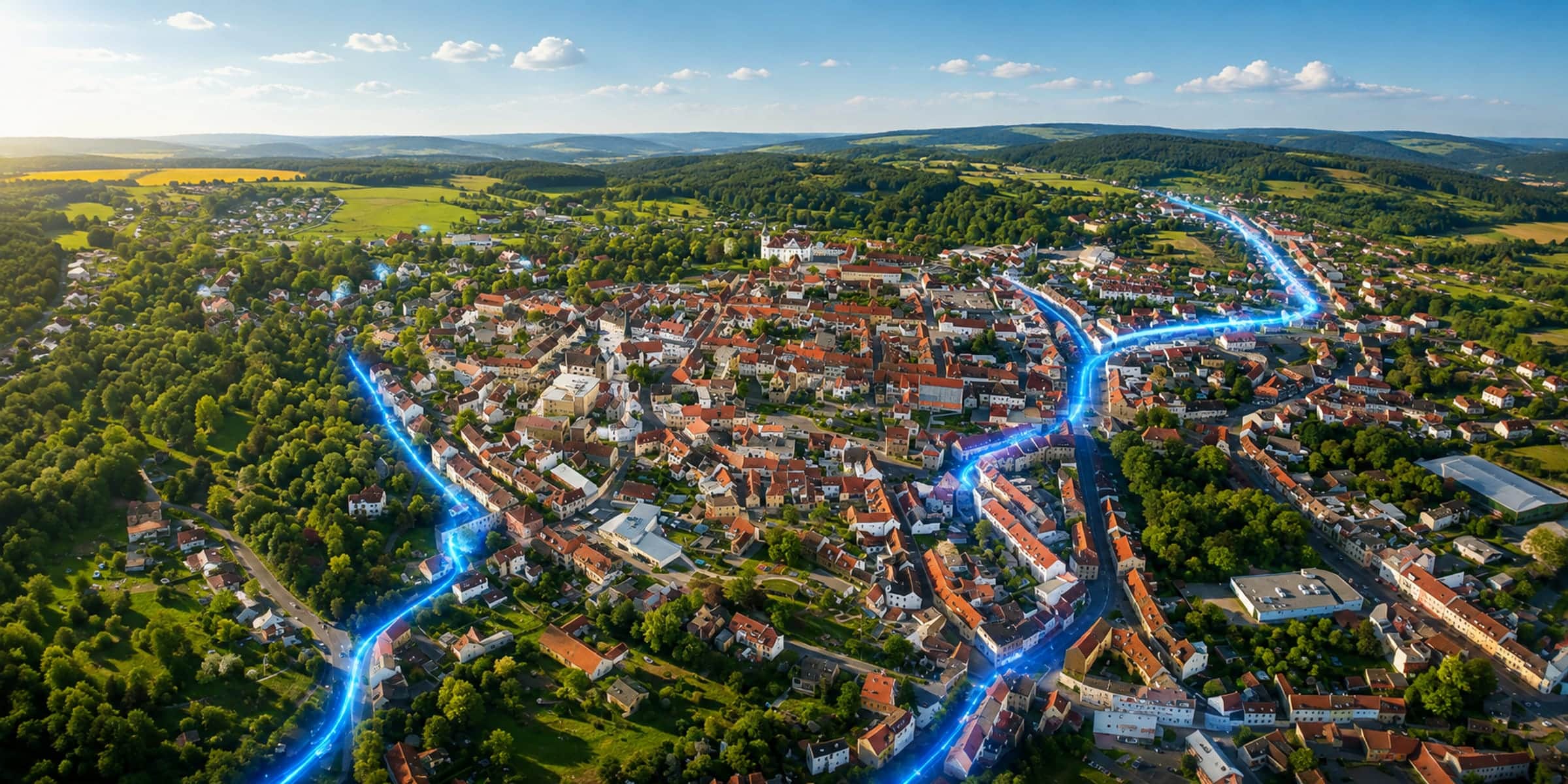 Symbolbild: Luftaufnahme einer Ortslage in der VG Eisenberg, Lichtlinien folgen den Straßenzügen