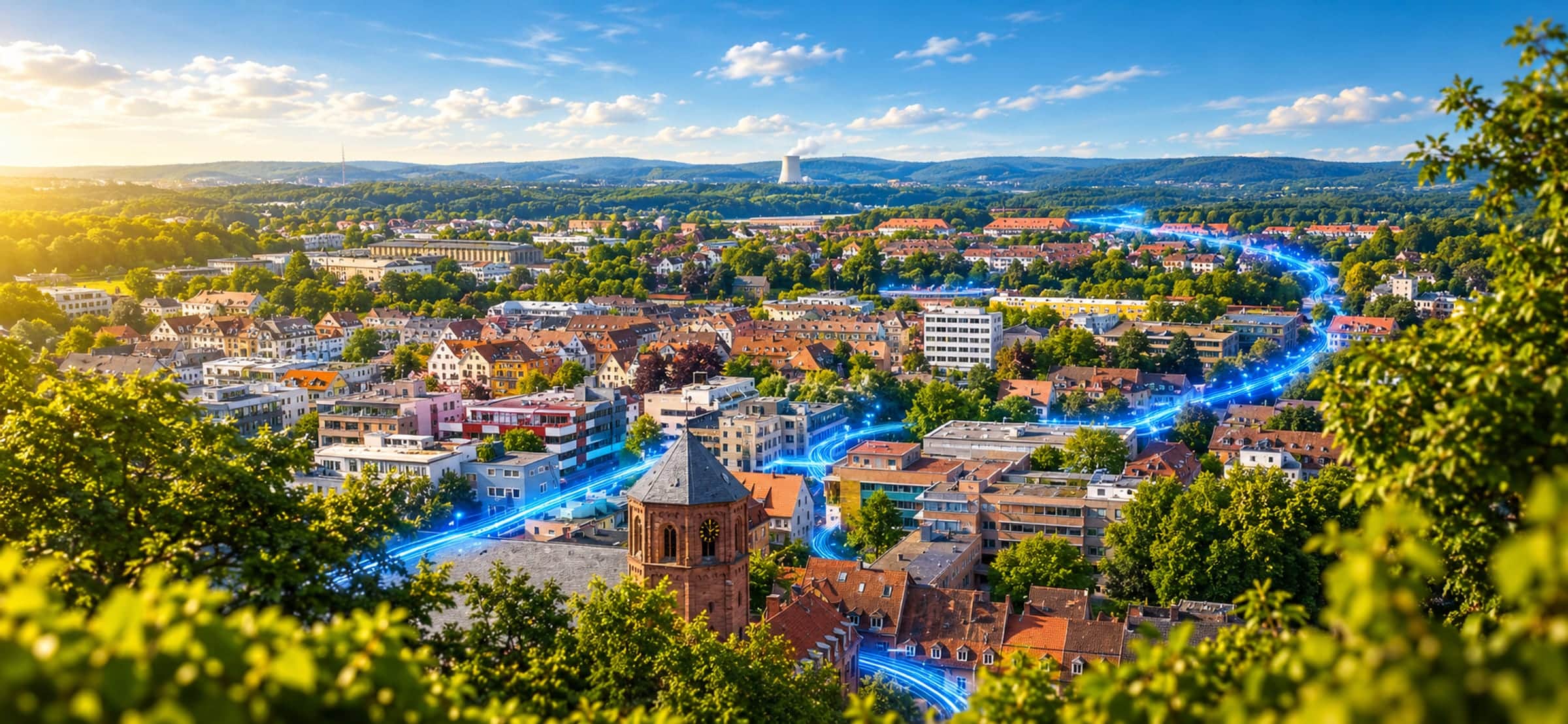 Symbolbild: Blick über Homburg, Lichtlinien verlaufen entlang der Wohnstraßen