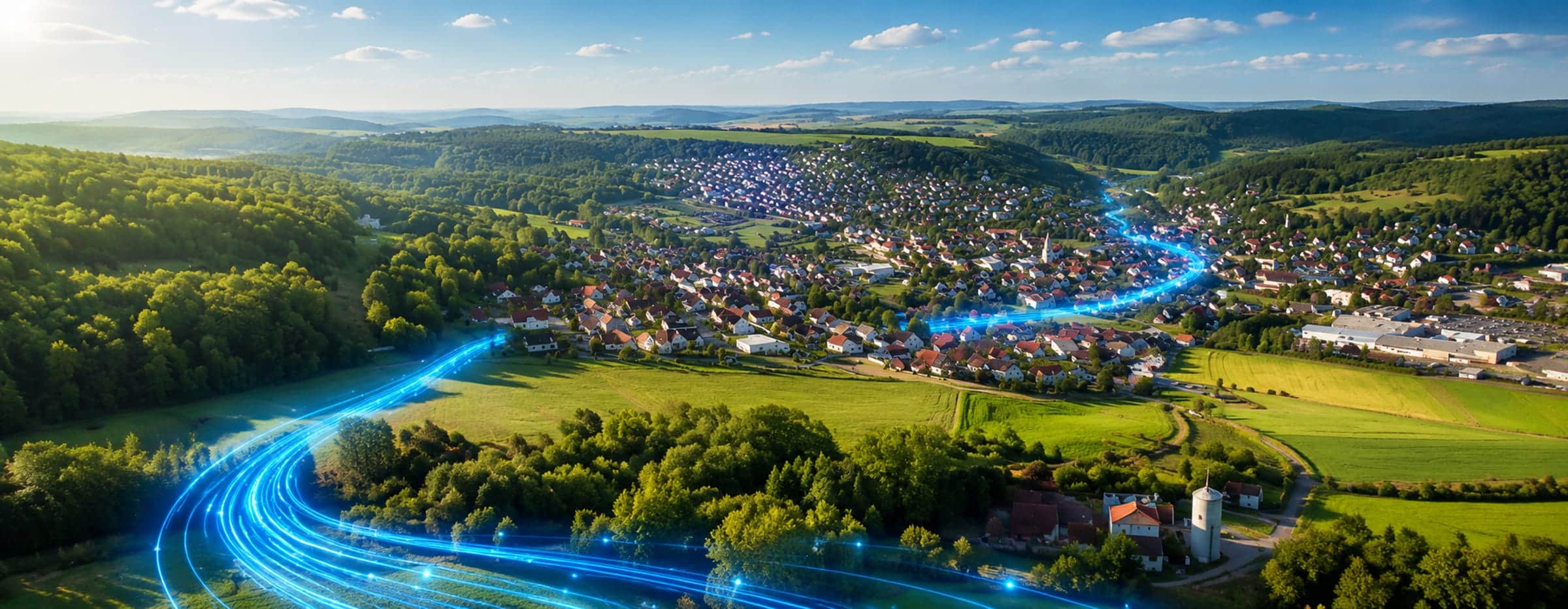 Symbolbild: Luftaufnahme eines Dorfes im Leiningerland, Lichtlinien zeichnen den Verlauf des Glasfasernetzes nach