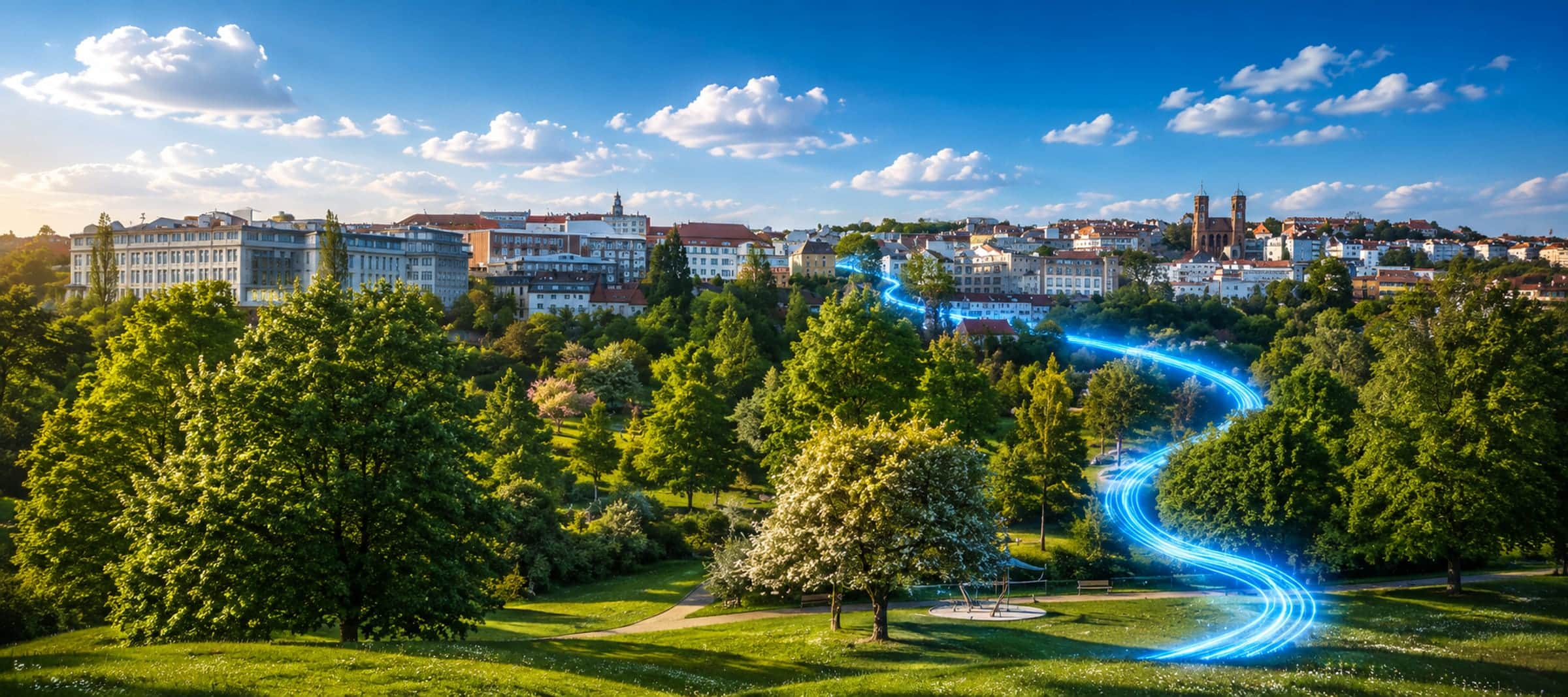 Symbolbild: Blick über die Höhenlage von Pirmasens, Lichtlinien ziehen sich durch das Stadtbild