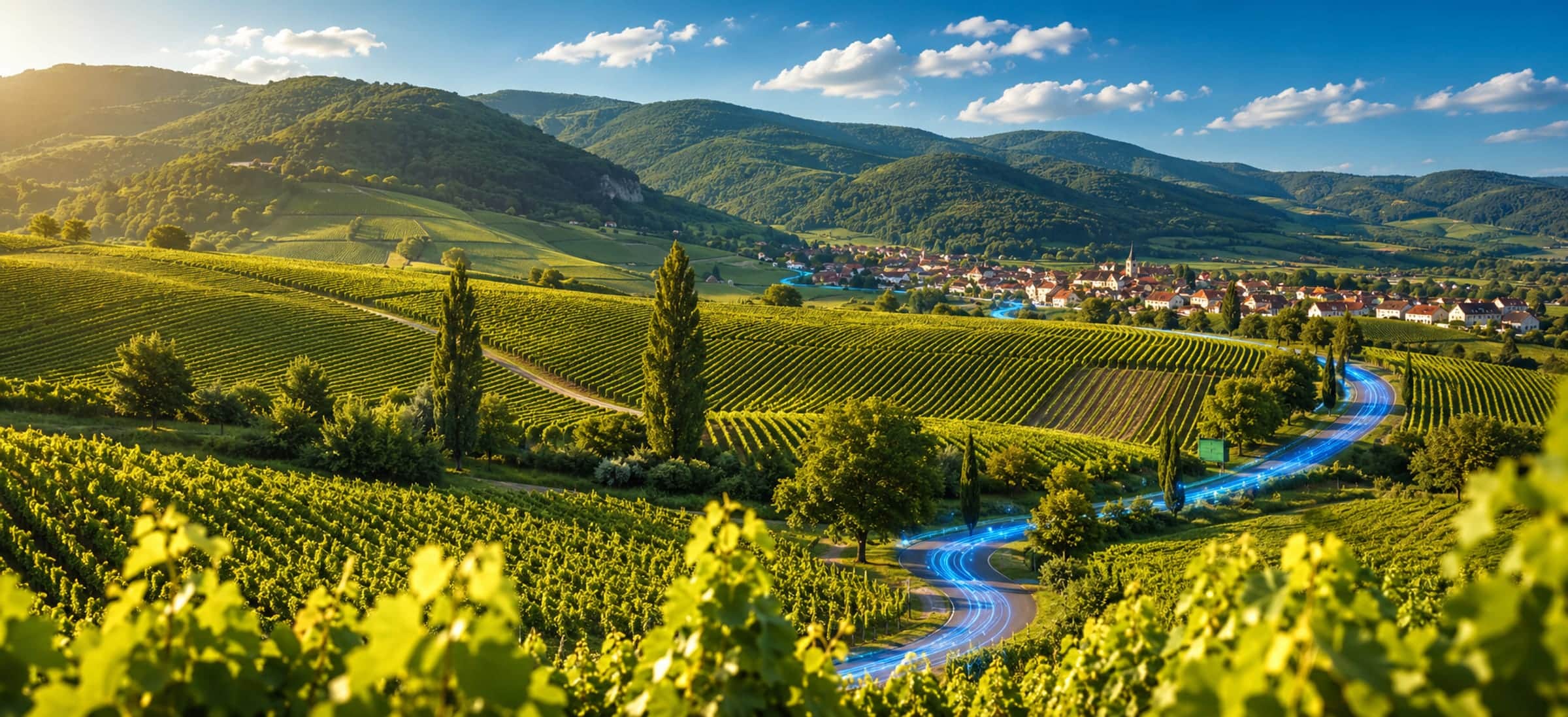Symbolbild: Weinberge der Südlichen Weinstraße, eine Lichtlinie führt zum Dorf im Tal