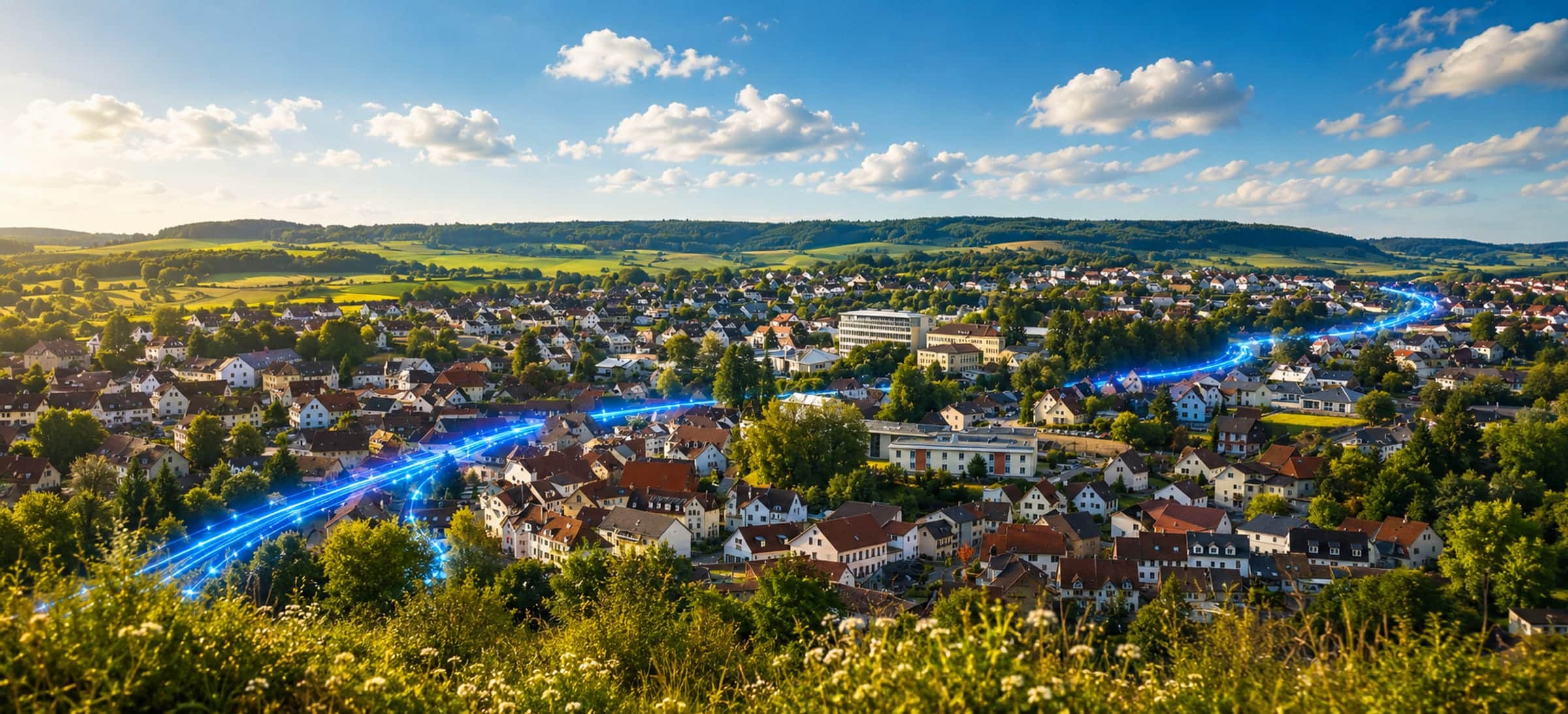 Symbolbild: Blick über die Ortslage der VG Winnweiler, Lichtlinien führen zwischen den Häusern hindurch