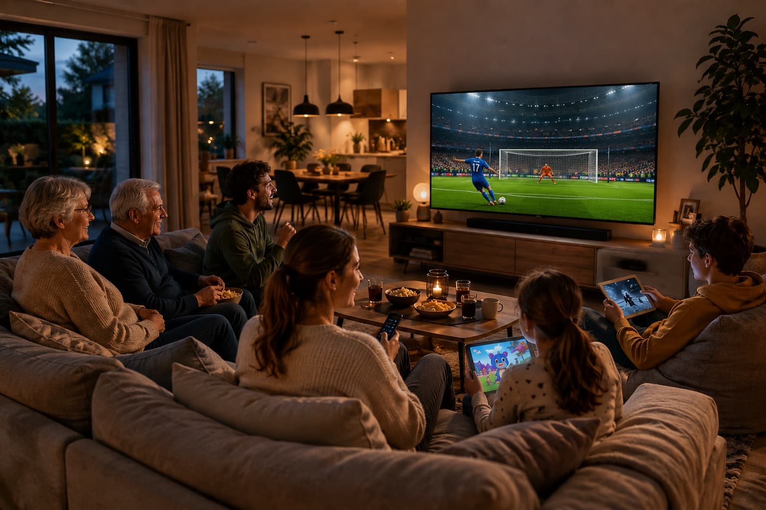 Familie schaut gemeinsam Fußball über waipu.tv, während die Kinder parallel auf Tablets streamen — alles gleichzeitig über den Glasfaseranschluss