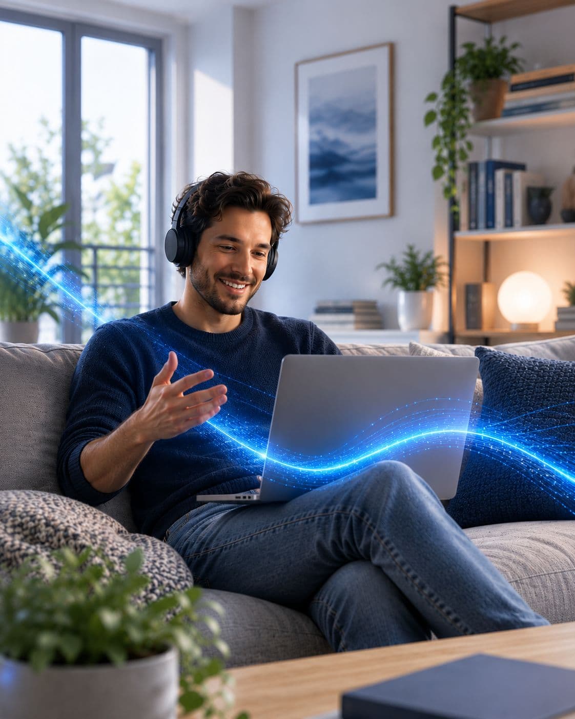 Mann mit Kopfhörern sitzt entspannt mit dem Laptop auf dem Sofa, während eine leuchtende Glasfaser-Linie zu ihm führt